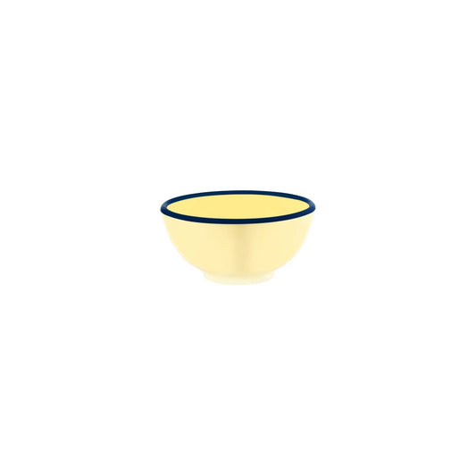 JAB VINTAGE YELLOW/BLUE RIM ENAMEL LOOK ROUND BOWL 125x60mm
