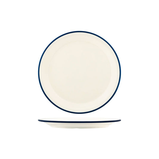 JAB VINTAGE CREAM/BLUE RIM ENAMEL LOOK ROUND PLATE 255mm