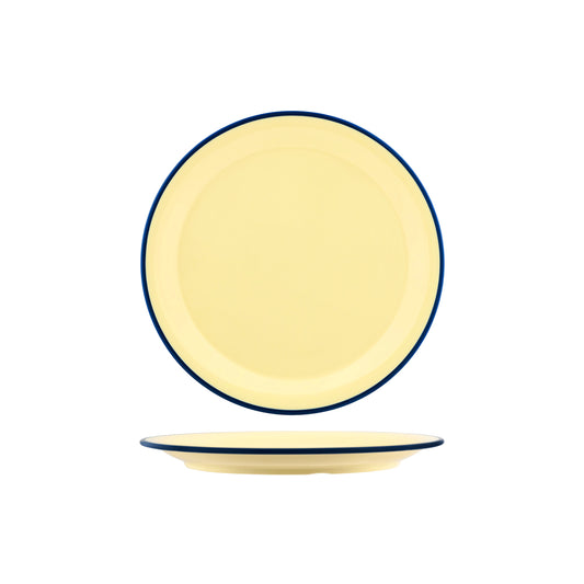 JAB VINTAGE YELLOW/BLUE RIM ENAMEL LOOK ROUND PLATE 255mm