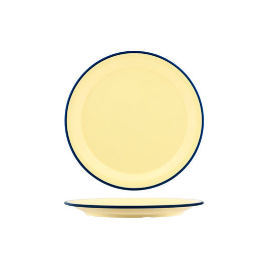 JAB VINTAGE YELLOW/BLUE RIM ENAMEL LOOK ROUND PLATE 255mm